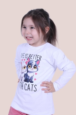 Life Is Better With Cats Baskılı Kız Çocuk Uzun Kol Beyaz Sweatshirt Beyaz