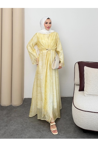Mihran Butik Silk Model Kemerli Bilek Büzgü Desen Detaylı Kadın Elbise Sarı