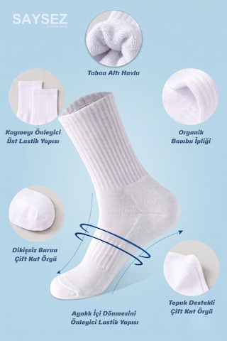 Saysez Bambu Beyaz Tenis Taban Altı Havlu Dikişsiz Performans Spor Çorabı Unisex Model Beden 2'li Paket