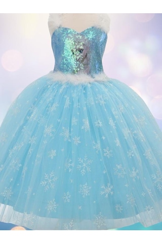 Kız Çocuk Tarlatanlı Simli Frozen Abiye-13694 Mavi