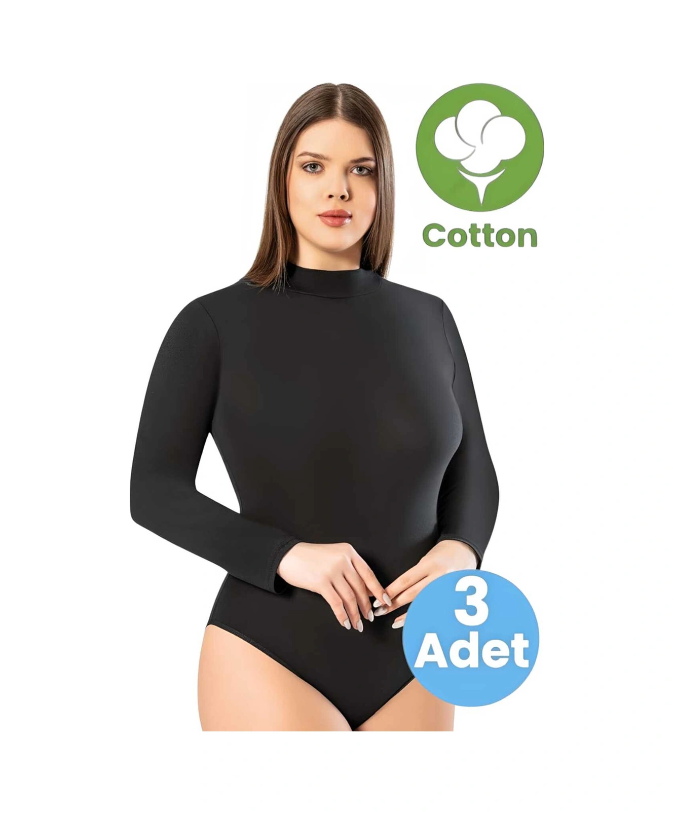 Tezzgelsin Kadın 3'lü Boğazlı Uzun Kol Çıtçıtlı Body Siyah