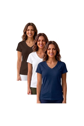 Thiff Gymwear Kadın Kısa Kollu V Yaka Basic Tişört T-shirt 3'lü Set Kahverengi - Beyaz - Lacivert