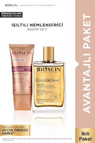 Gold On Skin Işıltılı Yüz Kremi 50 Ml + Kuru Yağ 100 Ml Seti - Nemlendirir, Işıltı Verir