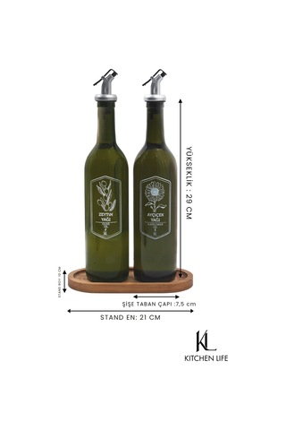 Kitchen Life 4 Parça Hunili Ahşap Standlı Amber 2'li 750 Ml Zeytinyağı Yağ Şişesi Ahşap Altlıklı Cam Yağlık Seti