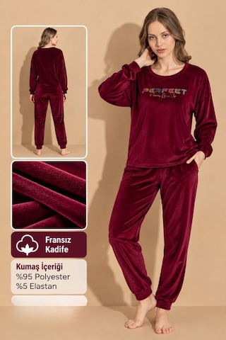 Boyraz Kadın Kışlık Fransız Kadife Bisiklet Yaka Uzun Kol Pijama Takımı 03410- 1 Adet Bordo