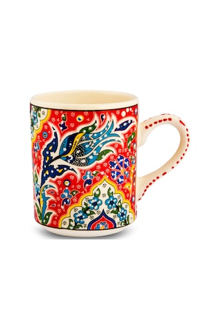 El Yapımı Seramik Kupa Organik Boya Lale Figürü Kırmızı