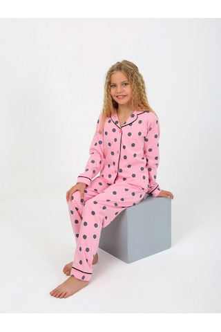 Kız Çocuk Uzun Kollu %100 Pamuklu Düğmeli Pijama Takımı Soft Pembe