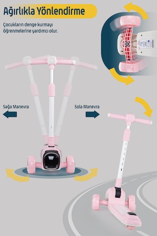 Prego Flow Müzikli Işıklı Oturaklı Çocuk Scooter Katlanabilir - Yükseklik Ayarlı Pembe