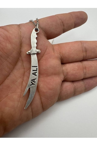 Zülfikar Figürlü Hz. Ali'nin Kılıcı Kolye Medet Ya Ali Yazılı, Antik Tasarım, 60 Cm Zincirli Çok renkli
