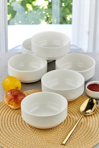 6'lı 12 Cm Porselen Kase Seti - Çorba, Meze, Sufle, Salata, Tatlı, Kahvaltılık Sunum Kasesi Beyaz