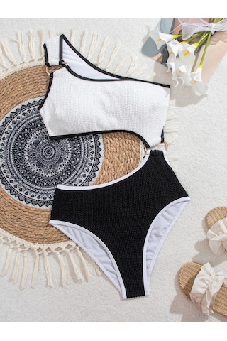 Yaz Patlamasımmodelleri Yüksek Bel İnce Tek Omuz Tek Tek Parça Mayo Metal Halka Degoratifi Darbe Renk Diişbikini Akımım Elbise Kadını Plaj Taatil Geçmezi Beyaz - Siyah