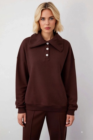 Benerly Kadın Polo Yaka Düşük Kol Örme Sweatshirt Fonksiyonel Dayanıklı K Kahverengi