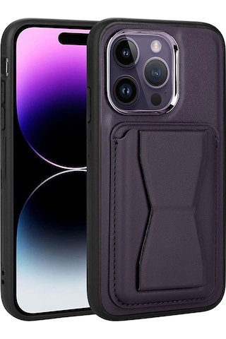 Ardemix Apple iPhone 14 Pro Uyumlu Kartlıklı Standlı Pu Deri Memo Kılıf-koyu Mor Koyu Mor