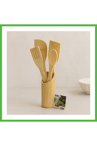Vaveni Ahşap Bambu Mutfak Servis Seti 5 Parça Kaşık, Çatal, 2 Spatula, Stand 27.5/30 Cm Arz