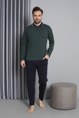 Erkek Düğmeli Desenli Uzun Kollu Pijama Takımı 16585 Yeşil Yeşil