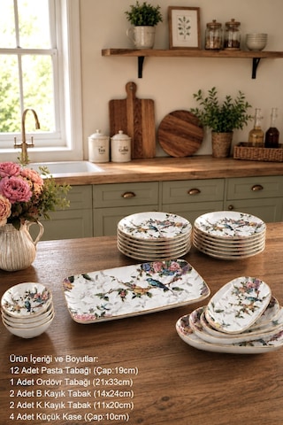 Flora 21 Parça 12 Kişilik Seramik Kahvaltı Pasta Sunum Tabağı Takımı Seti - Kup124f Çok Renkli