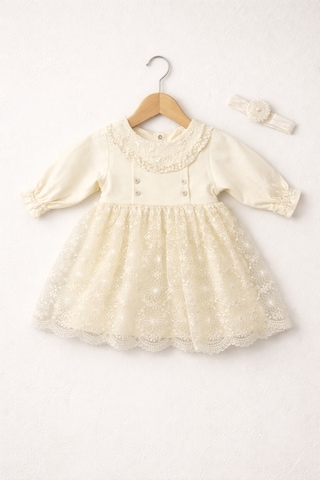 Işıl Baby Kız Bebek Dantel İşlemeli Uzun Kollu Elbise Bej