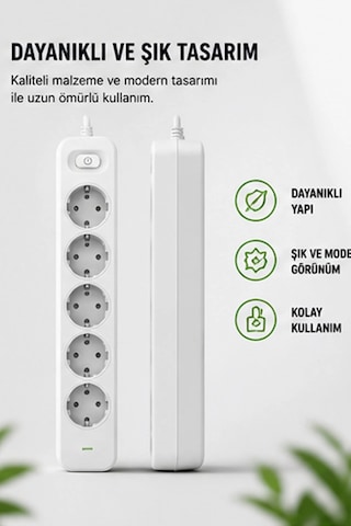 Akım Korumalı 5 Li Çoklu Priz 2500w Güçlü Uzun Kablolu Güvenli Kullanım 2 M