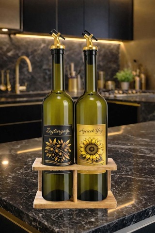 Zeytinyağı Ve Ayçiçek Yağı Şişesi Seti, Altın Etiket Ve Yağdanlık Aparatlı, Korumalı Ahşap Standlı 750 Ml Çok Renkli
