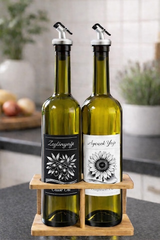 Korumalı Standlı Zeytinyağı Ve Ayçiçek Yağı Şişesi Seti, Etiketli Ve Yağdanlıklı, 750 Ml, 2 Adet Gri