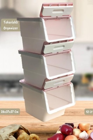 3 Lü Tekerlekli Patateslik Soğanlık Oyuncaklık Erzak Kutusu Sebzelik Beyaz Pembe 36 Lt Pembe Beyaz