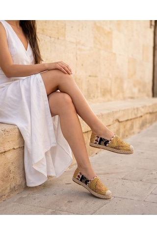 Futsishoes Vıola Sarı Hakiki Deri Kilim Desenli Kadın Etnik Desen Espadril Ayakkabı