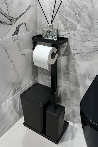 3'ü 1 Arada Banyo Seti Tuvalet Kağıtlık, Çöp Kovası Ve Tuvalet Fırça Takımı Mat Siyah
