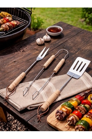 3'lü Set Ahşap Saplı Mangal Aksesuar Seti Maşa Spatula Çatal Krom