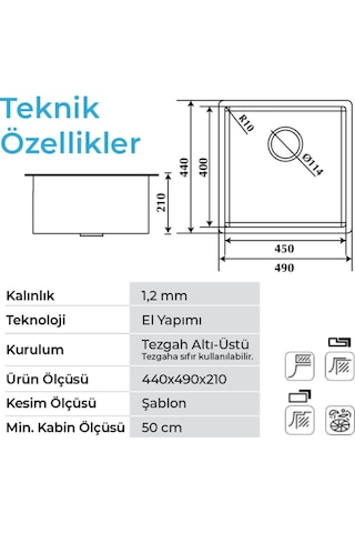 Crauf Stella 4449 Inox 40x45 El Yapımı Paslanmaz Çelik Mutfak Eviyesi Inox