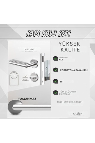 Kazien Paslanmaz Çelik 6063 Kalite Saten Yüzey Yuvarlak Rozetli Kapı Kolu Ve Tüm Bağlantı Ekipmanı Dahildir Nikel Saten, Wc-banyo