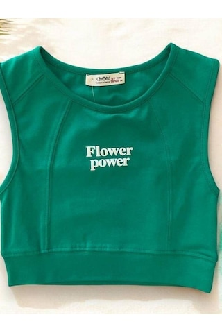 Kız Çocuk Flower Power Yazılı Crop-14406 Yeşil