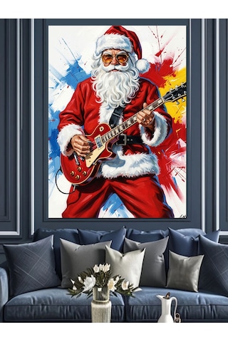 Ahşap Tablo Noel Baba Gitar Çalıyor Rock Hayvan Tabloları