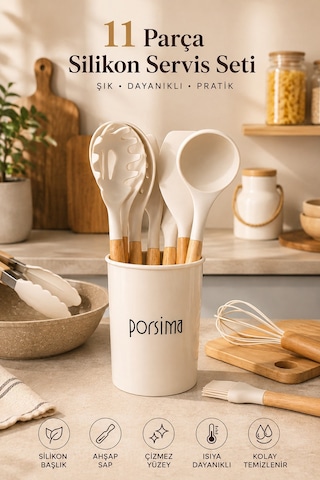 Porsima 3163 Standlı Bambu Silikon 11 Parça Servis Takımı Seti Beyaz