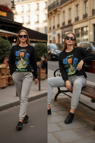 The Kadın Happy Bunny Baskılı %100 Pamuk 3 İplik Şardonsuz Sweatshirt - Bisiklet Yaka Basic Üst Siyah