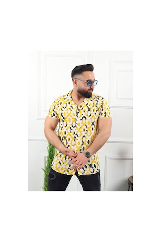 Mfz Giyim Erkek Kısa Kollu Slim Fit Dar Kesim Apaş Yaka Desenli Viskon Yeşil - Beyaz Gömlek