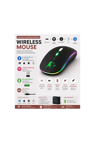 Jng-5012m Kablosuz Şarjlı Mouse Çift Modlu Bluetooth Ve 2.4 Ghz Usb Wireless Rgb Led Işıklı Telefon Tablet Bilgisayar Uyumlu 1600 Dpi Sessiz Click Mouse Diğer