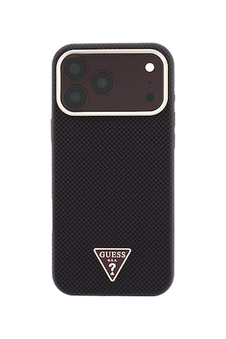 Apple iPhone Uyumlu 18 Pro Max Kılıf Guess Lisanslı M-safe Pu Metal Üçgen Logolu Karbon Fiber Kevlar Kapak Bordo