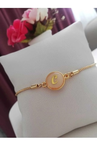 Altın Sedef Ayarlanabilir Kadın Gold Asansörlü C Harf Bileklik Renkli
