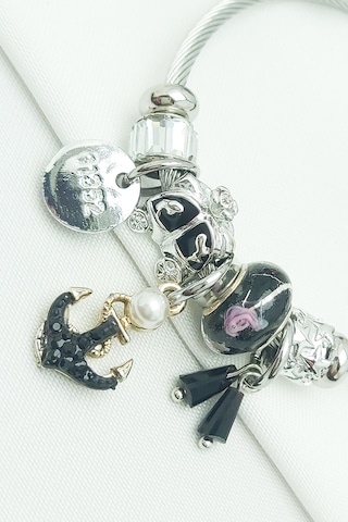 Denizci Çapa Charmlı Siyah Çelik Bileklik Silver