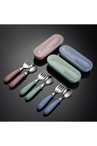 Moveevo Çocuklar İçin 304 Çelik Çatal Kaşık Kutusu Seti - Mavi, Sevimli Desenler, Kolay Tutuş, Hediye Özel, Depolama Kolay Mavi