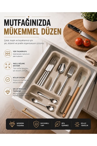 6 Bölmeli Çekmece İçi Kaşıklık, Plastik Çatal Bıçak Organizeri, Mutfak Düzenleyici Bej S-11003