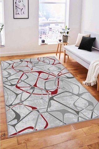 Kırmızı Geometrik Kaymaz Tabanlı Dekoratif Halı Lk004n11