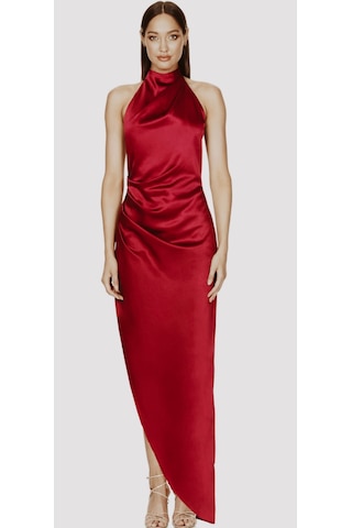 Hanife Glam Couture Hanife Glam Halter Yaka Asetat Saten Elbise Kırmızı