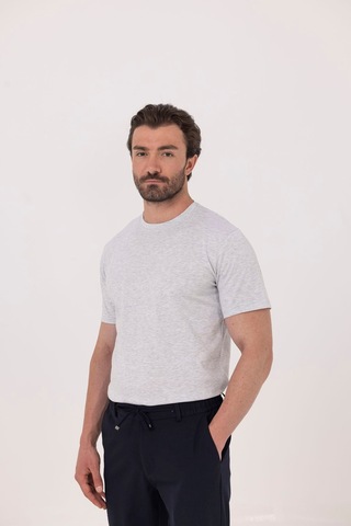 Sabri Özel Açık Gri %100 Pamuk Bisiklet Yaka Düz Renk Basic T-shirt