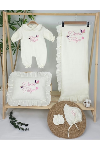 Gros Shop Müslin Yeni Doğan 4katlı Organik %100pamuk Kişiye Özgü Nakışlı Hastane Çıkış Seti-ikili Kelebek Ekru