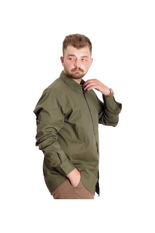 Mode Xl Büyük Beden Gömlek Ukol Cep Lycra Poplin 20350 Haki 001