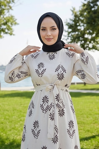 Bestenur Mayra Desenli Keten Elbise 1717 - Siyah