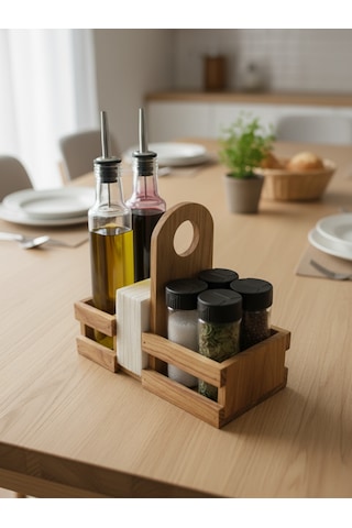 Ahşap Doğal Baharatlık Yağdanlık Ve Peçetelik Takımı Uzun Başlık Set Kiraz 1 Set Ahşap