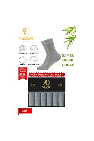 Asden Bambu Erkek Soket Çorap 3 Siyah 3 Lacivert Premium Kutu, Burun Dikişsiz, Yıkamalı 6 Gri