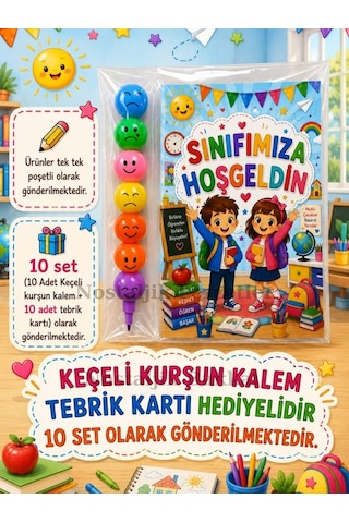Okula Yeni Başlayan Öğrencilere Sınıfımıza Hoşgeldin Yazılı 10 Adet Hediye Seti 1. Sınıf- Sene Başı Hatırası Keçeli Kalem Tebrik Kartı Hediyeli